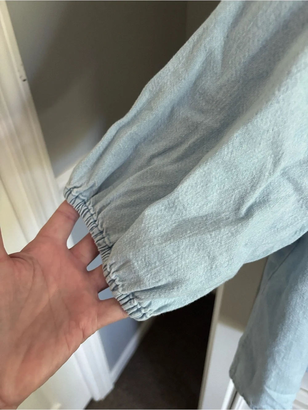 Old Navy Light Blue denim Tie-Front Peasant Top